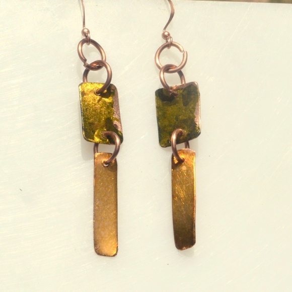 Solid Copper Drop Earrings Chartreuse Green and Yellow Patina Handmade Statement - Picture 2 of 6